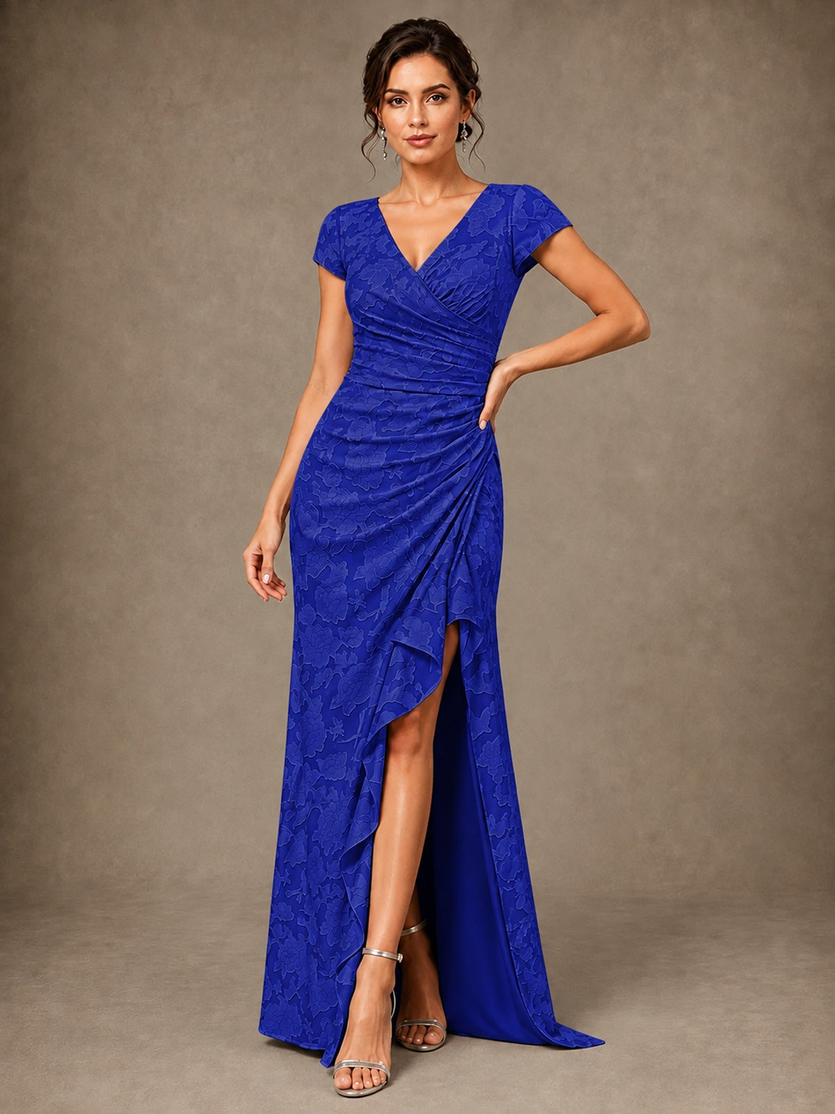 V-Neck Floral Jacquard Mother of the Bride Dress with Slit