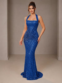 Royal Blue Halter Sequin Mermiad Ruched Prom Dress Long Ruched Eveing Gown