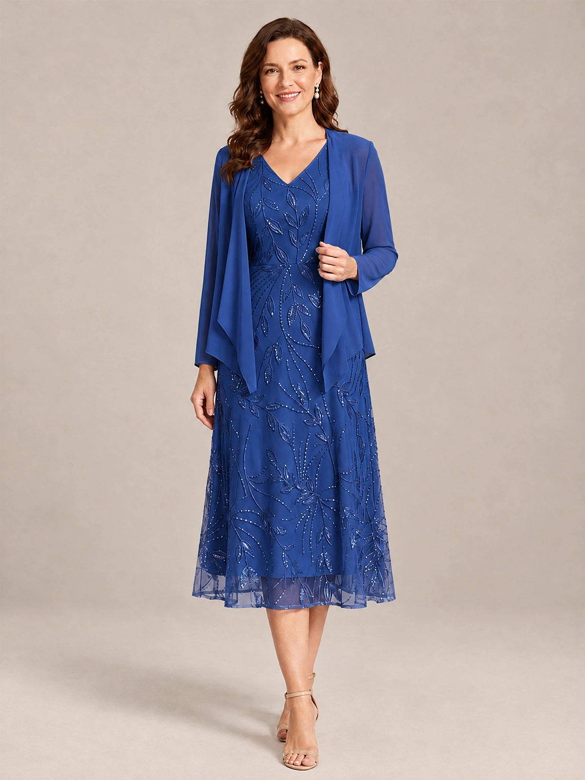 Royal Blue-2 Piece Lace Appliques Chiffon Mother of The Bride Dress with Sequin