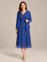 Royal Blue-2 Piece Lace Appliques Chiffon Mother of The Bride Dress with Sequin