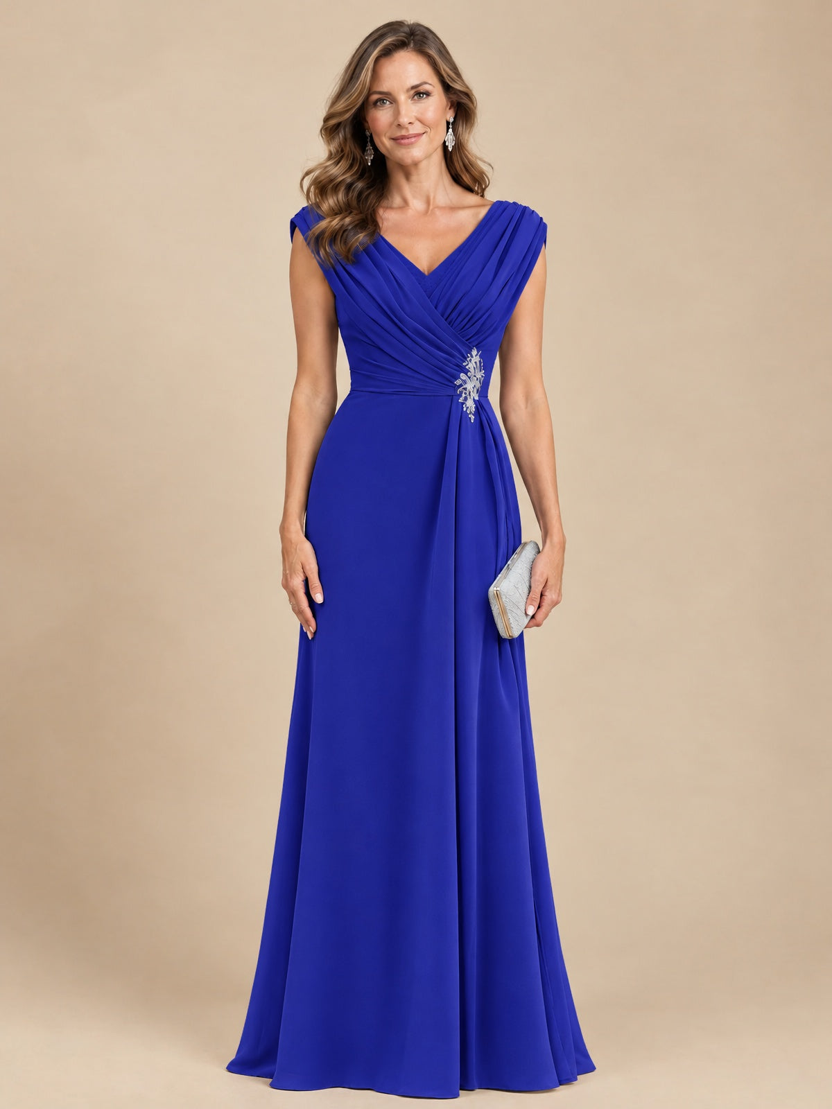 V Neck Pleated Mother of The Bride Dresses with Beading Cap Sleeves