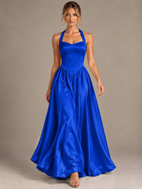 Light Yellow Halter Neck Satin A-Line Maxi Dress with Pockets
