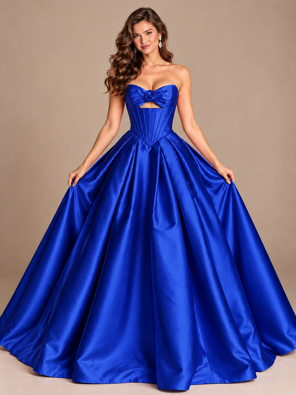 Pink Strapless Corset Satin Prom Derss & Ball Gown with 3D Floral