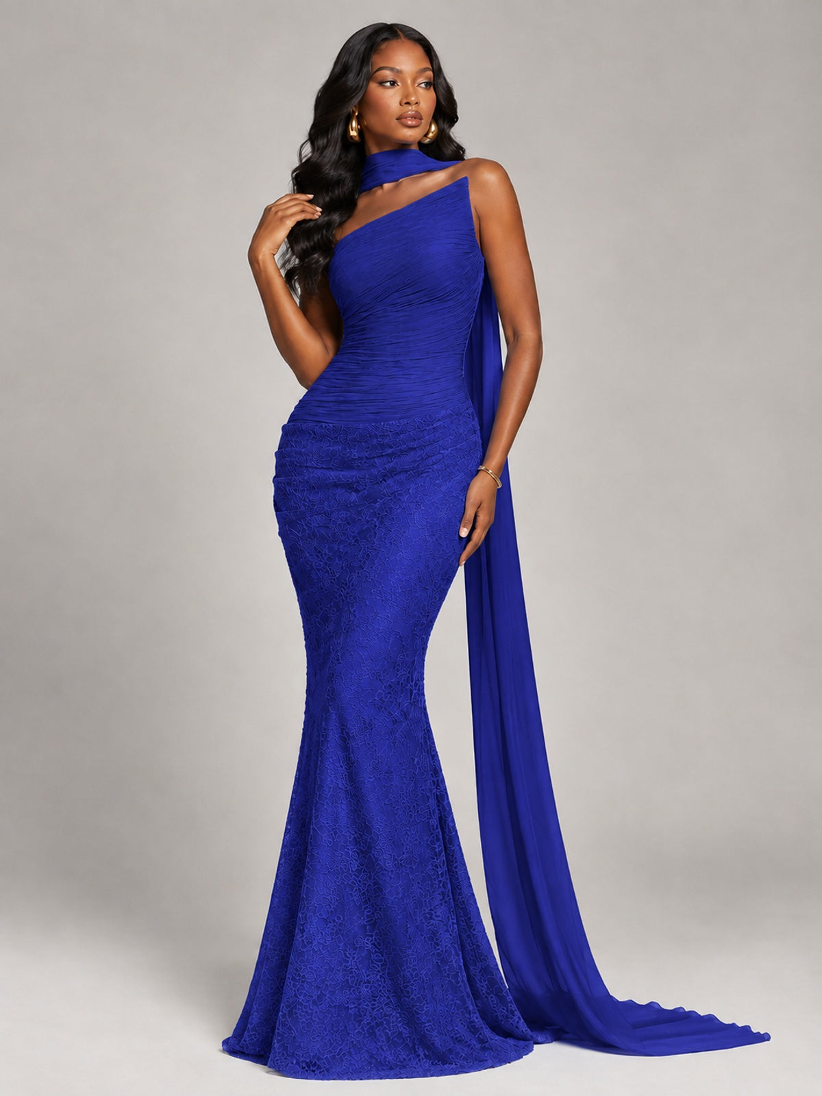 Pleated Chiffon Lace Prom Dresses Long Bodycon Mermaid with Scarf