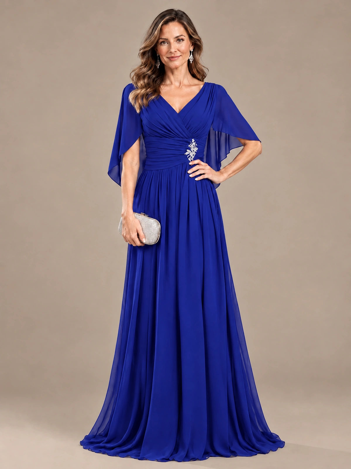 Ruched V Neck Mother of The Bride Dresses with Shawls Appliques and Cap Sleeves
