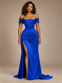 Burgundy Off-the-Shoulder Satin Corset Prom Dress with Slit
