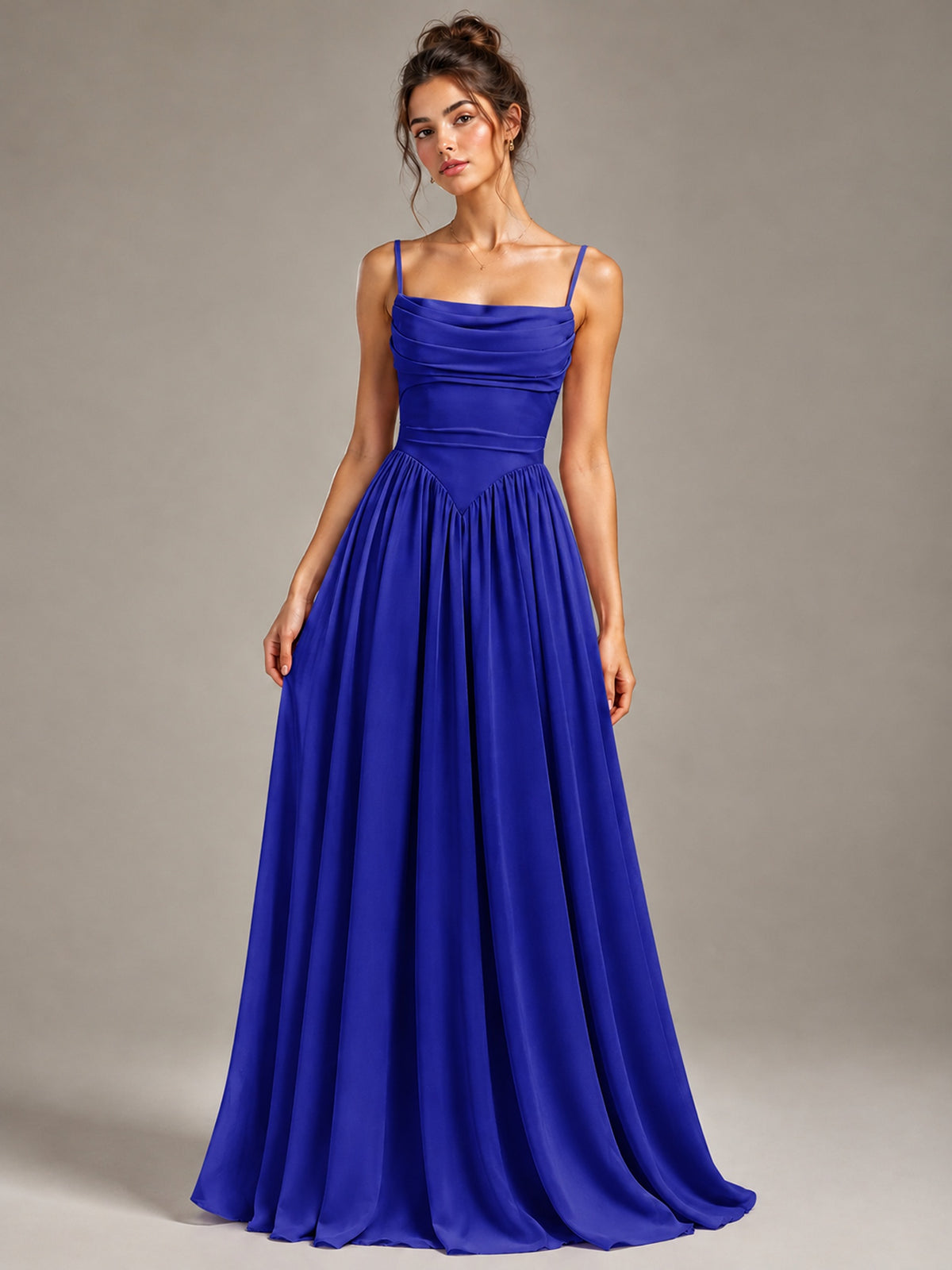 Spaghetti Strap Ruched Chiffon Maxi Dress with Backless