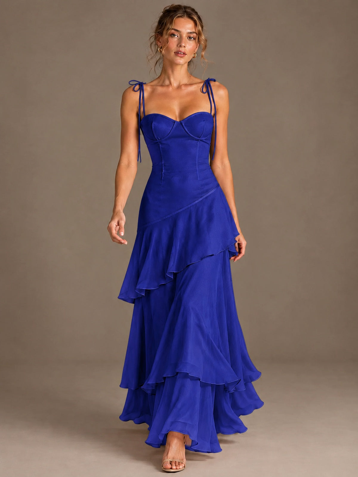Spaghetti Strap Tiered Ruffles Chiffon Prom Dress
