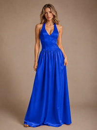 Pink V Neck Halter Satin Maxi Dress