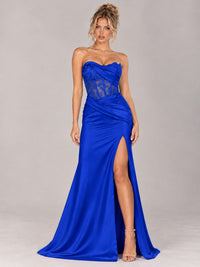 Strapless Satin Prom Dress with Sheer Lace Corset & High Slit