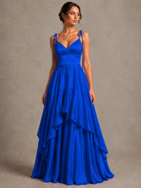 Lavender Satin V-Neck Ruffle Maxi Dress