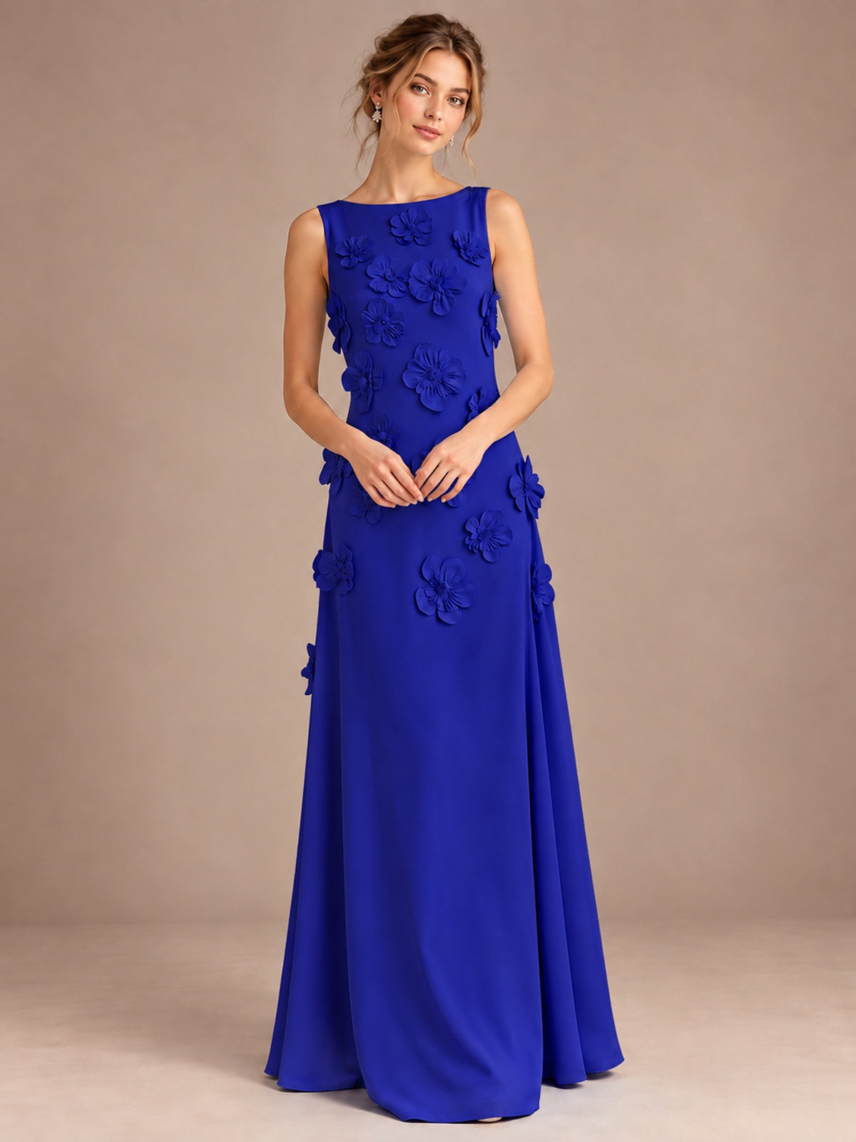 3D Floral Applique Sleeveless Formal Maxi Dress