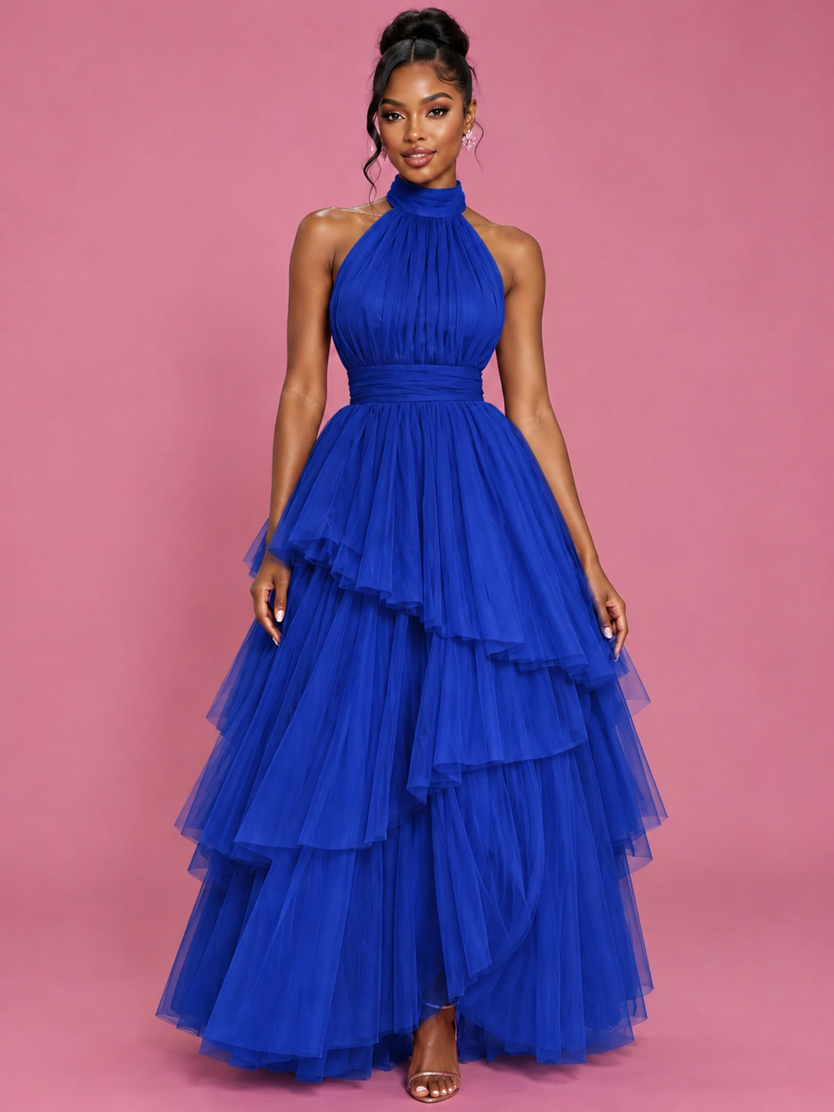 Hot Pink Tulle Halter Neck Tiered Ruffle Maxi Dress