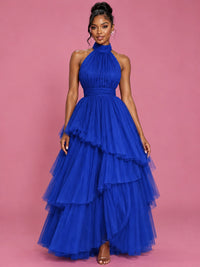 Hot Pink Tulle Halter Neck Tiered Ruffle Maxi Dress