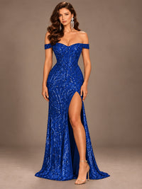 Off the Shoulder Corset Sequin Mermaid Prom Dress with Slit