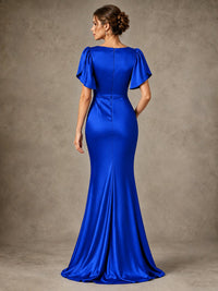 V-Neck Satin Mother of the Bride Dress with Flutter Sleeves