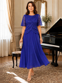 Tea-Length Chiffon Mother of the Bride Dress with Sequin Lace Sleeves