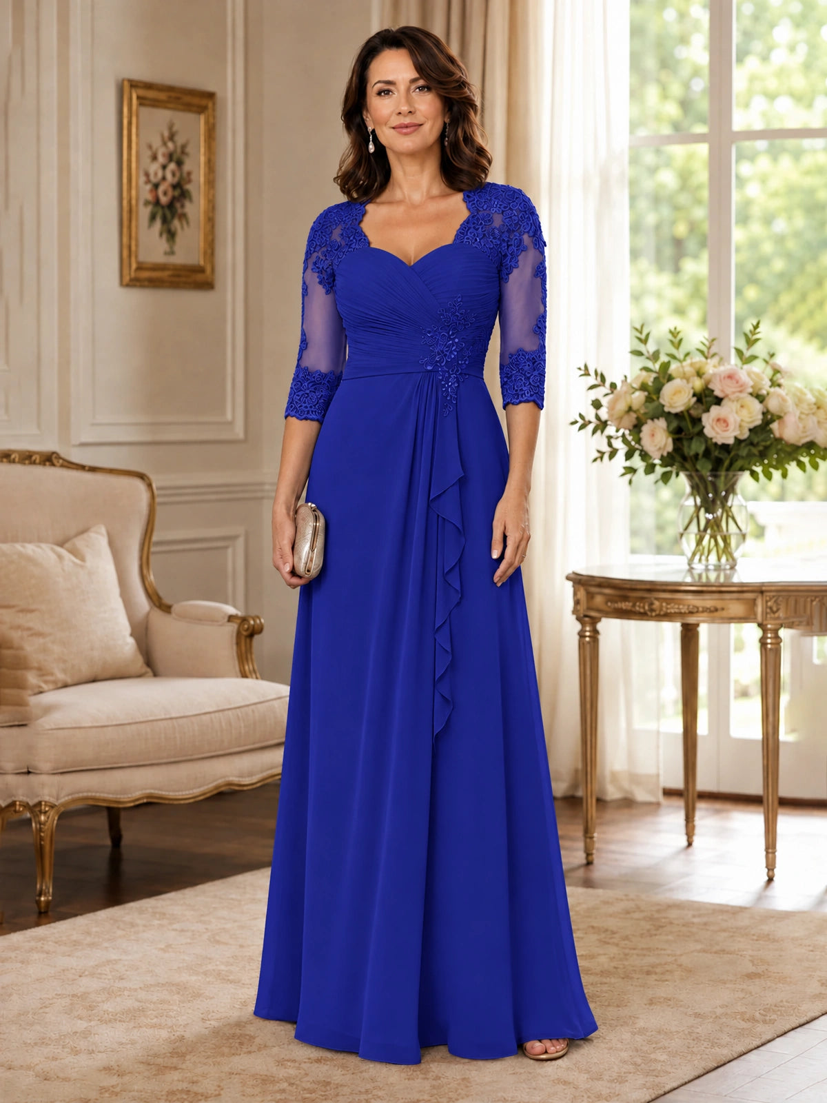 Chiffon Lace Applique Mother of the Bride Dress with 3/4 Sleeves