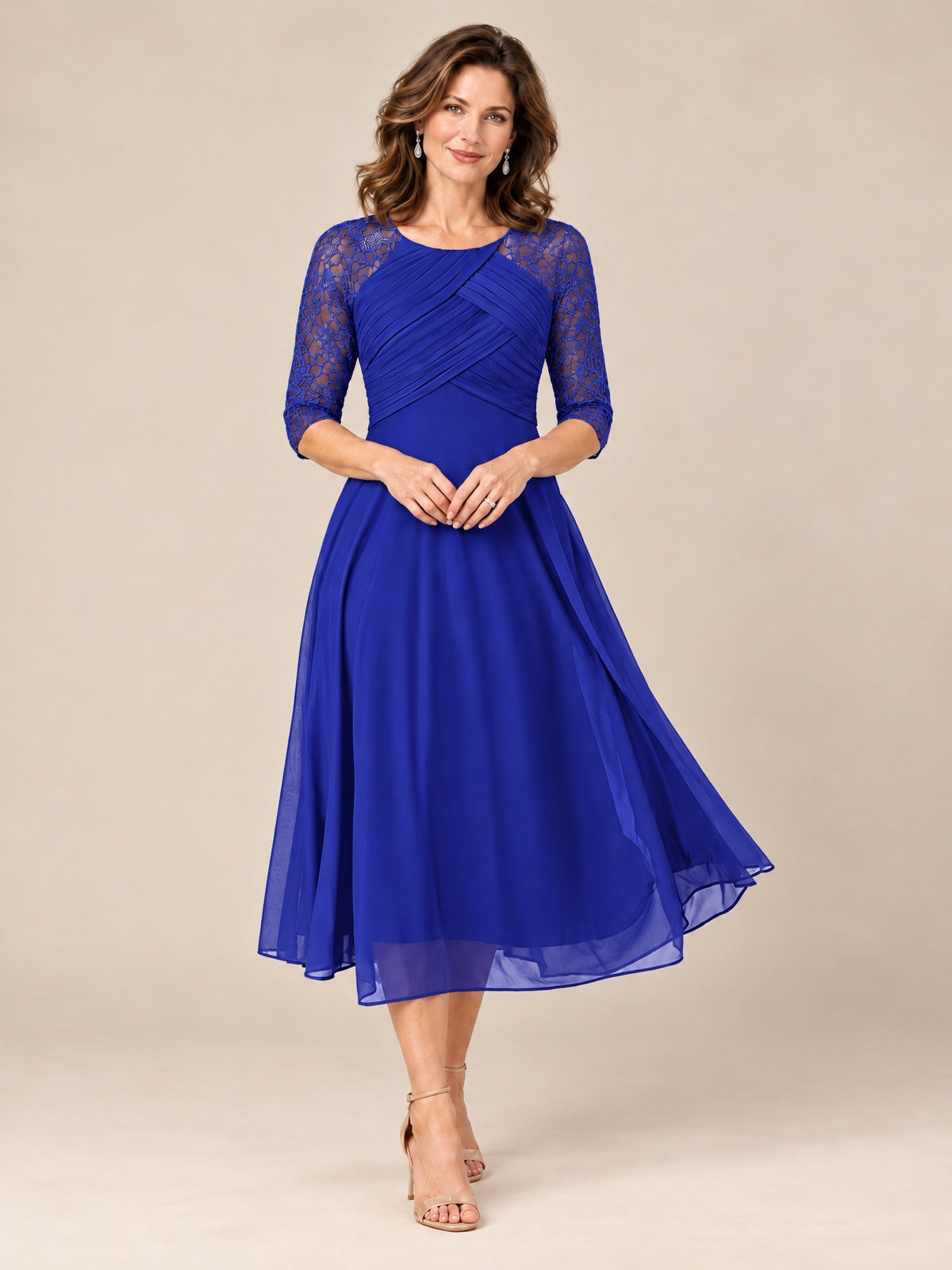 Royal Blue-Lace Applique Pleated Tea Length Mother of The Bride Dresses