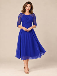 Royal Blue-Lace Applique Pleated Tea Length Mother of The Bride Dresses