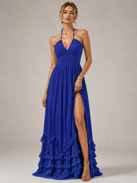 Halter V Neck Chiffon Formal Dress with Lace-Up Back and Ruffle Hem