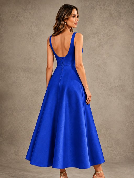 Tea-Length Satin Mother of the Bride Dress with 3D Flower Detail