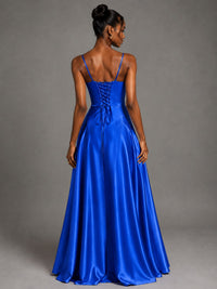 Lavender V Neck Satin Prom Dress with Spaghetti Straps