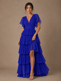 Chiffon V-Neck Tiered Ruffle Bridesmaid Dress with Slit