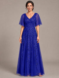 Royal Blue V-Neck Sequin Tulle Mother of the Bride Dress with Flutter Sleeve A-line Evening Formal Wedding Guest Dress