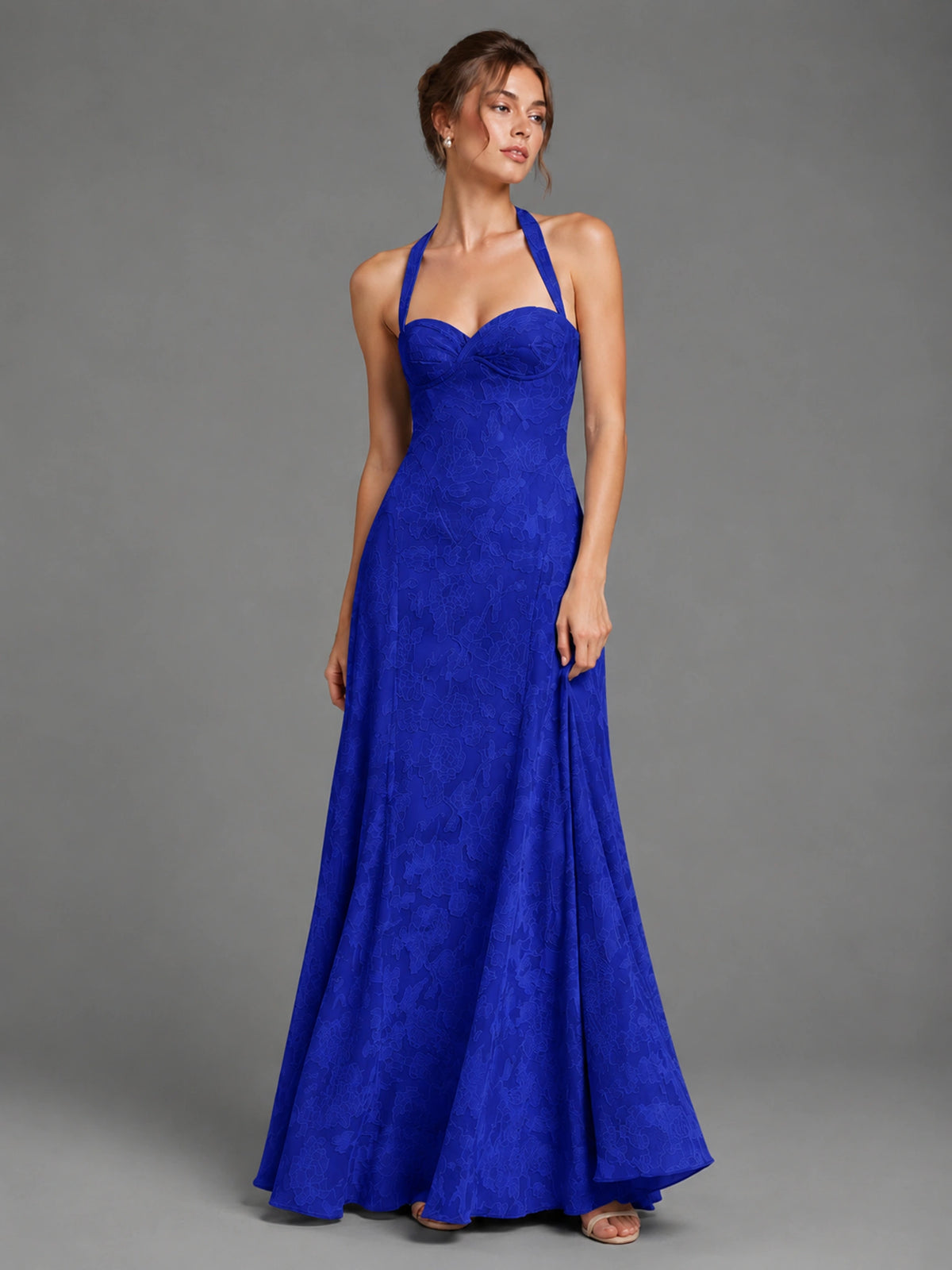 A-Line Halter Floral Chiffon Maxi Dress