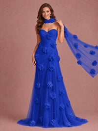 Blush Pink Strapless Sweetheart 3D Floral Tulle Mermaid Prom Dress