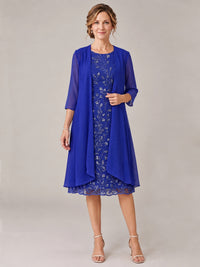 Royal Blue-2 Piece Lace Appliques Chiffon Mother of The Bride Dress with Sequin