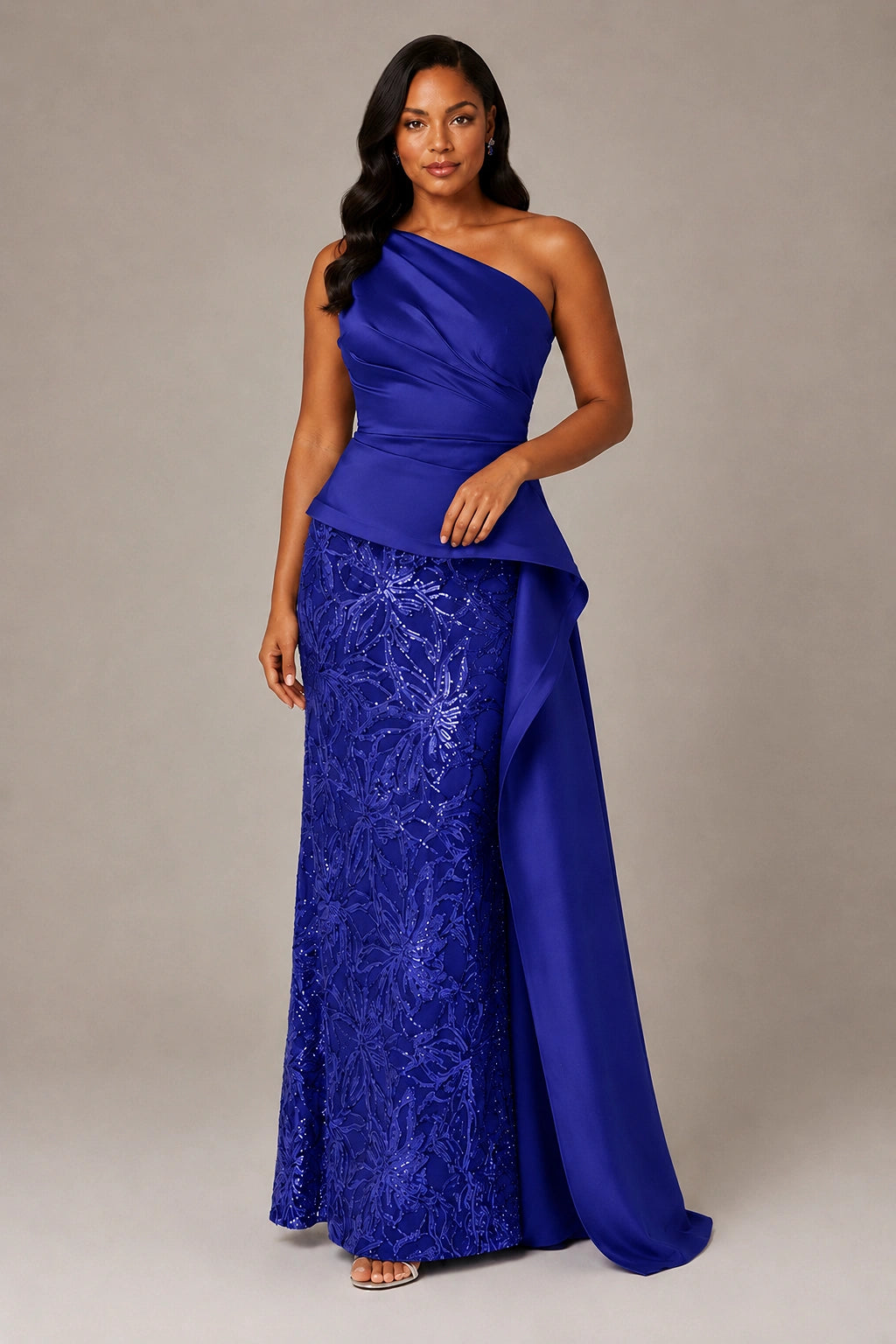 One-Shoulder Mother of the Bride Dress with Sequin Skirt and Peplum