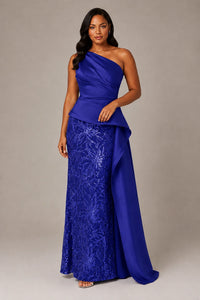 One-Shoulder Mother of the Bride Dress with Sequin Skirt and Peplum