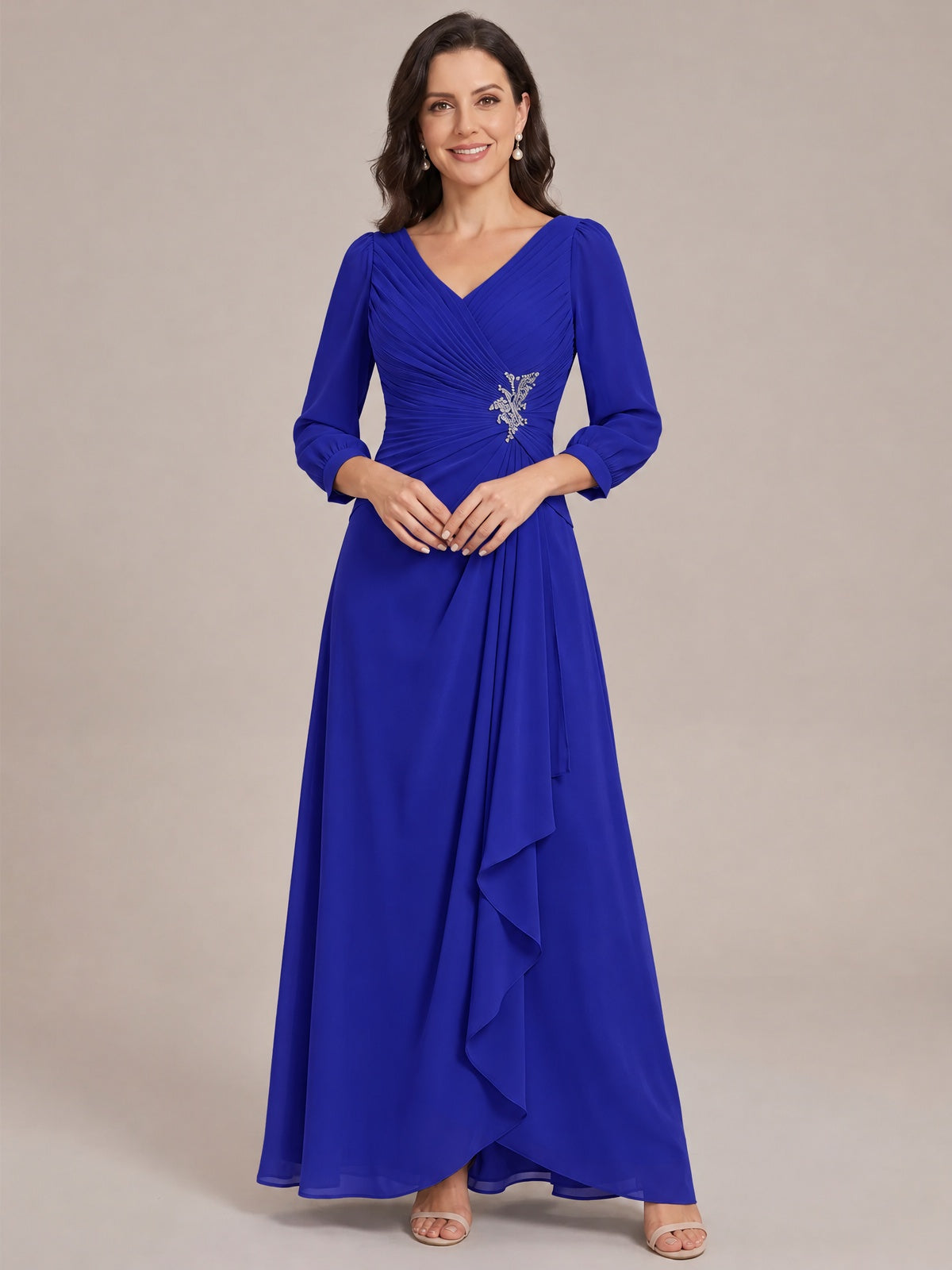 Royal Blue-Long Sleeve Chiffon Beaded Mother of The Bride Dresses for Women