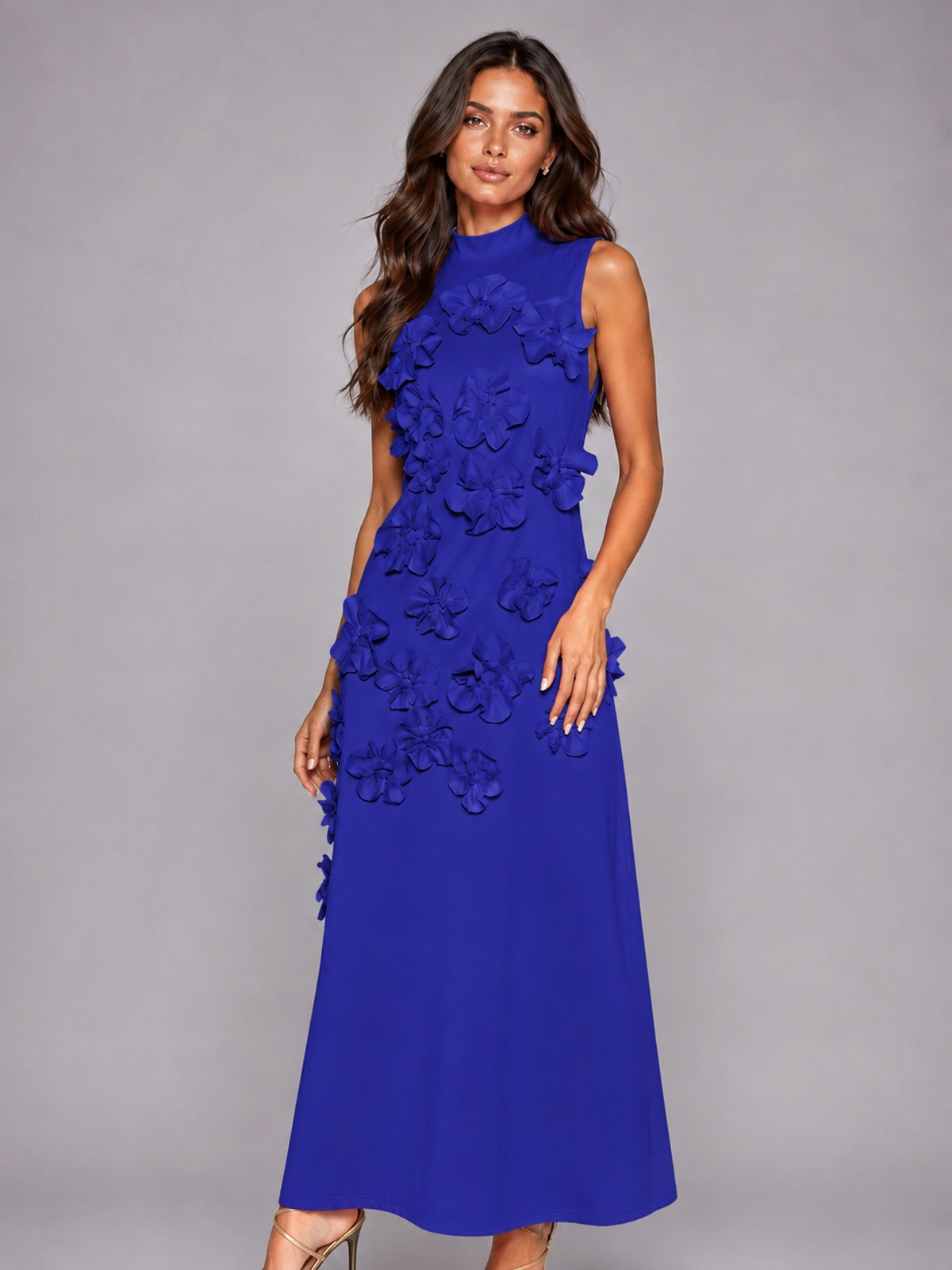 3D Floral Applique High Neck Prom Maxi Dress