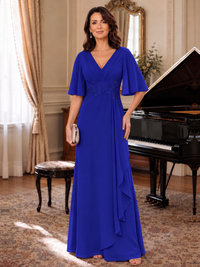 Royal Blue V-Neck Chiffon Lace Mother of the Bride Dresses with Flutter Sleeve A-line Long Ruffled Evening Formal Wedding Guest Gown
