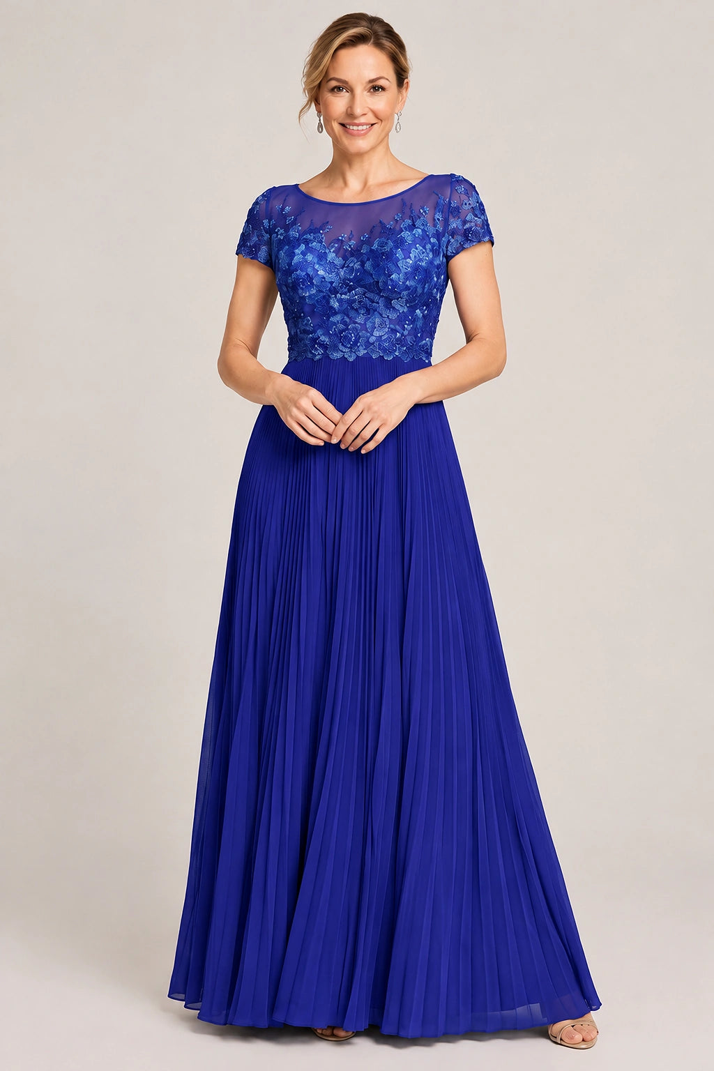 Embroidered Lace Pleated Mother of the Bride Dress