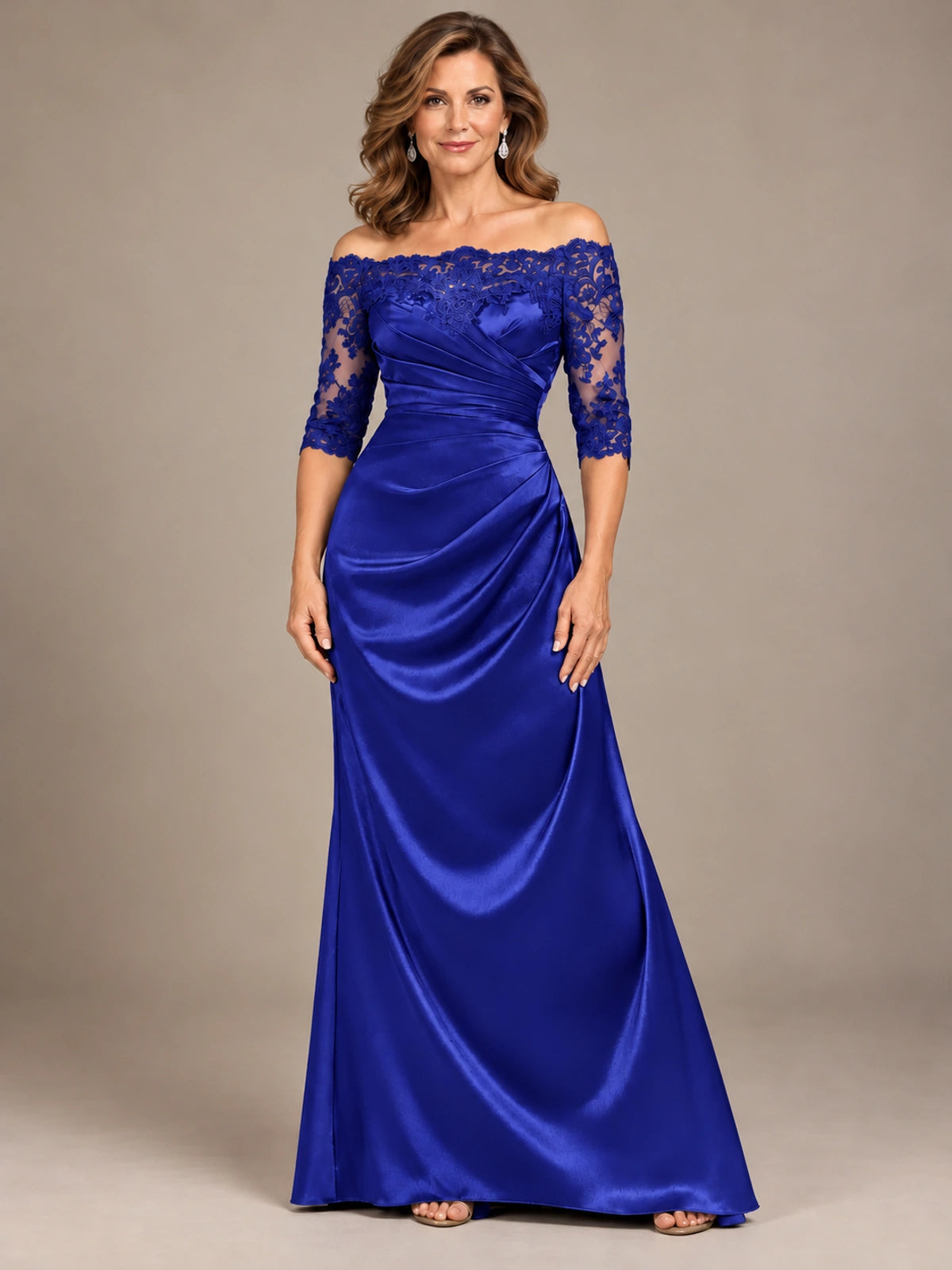 Satin Mother of the Bride Dress with Lace Sleeves Off Shoulder Formal Gown