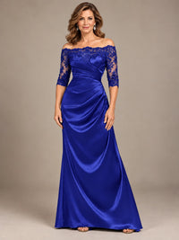 Satin Mother of the Bride Dress with Lace Sleeves Off Shoulder Formal Gown