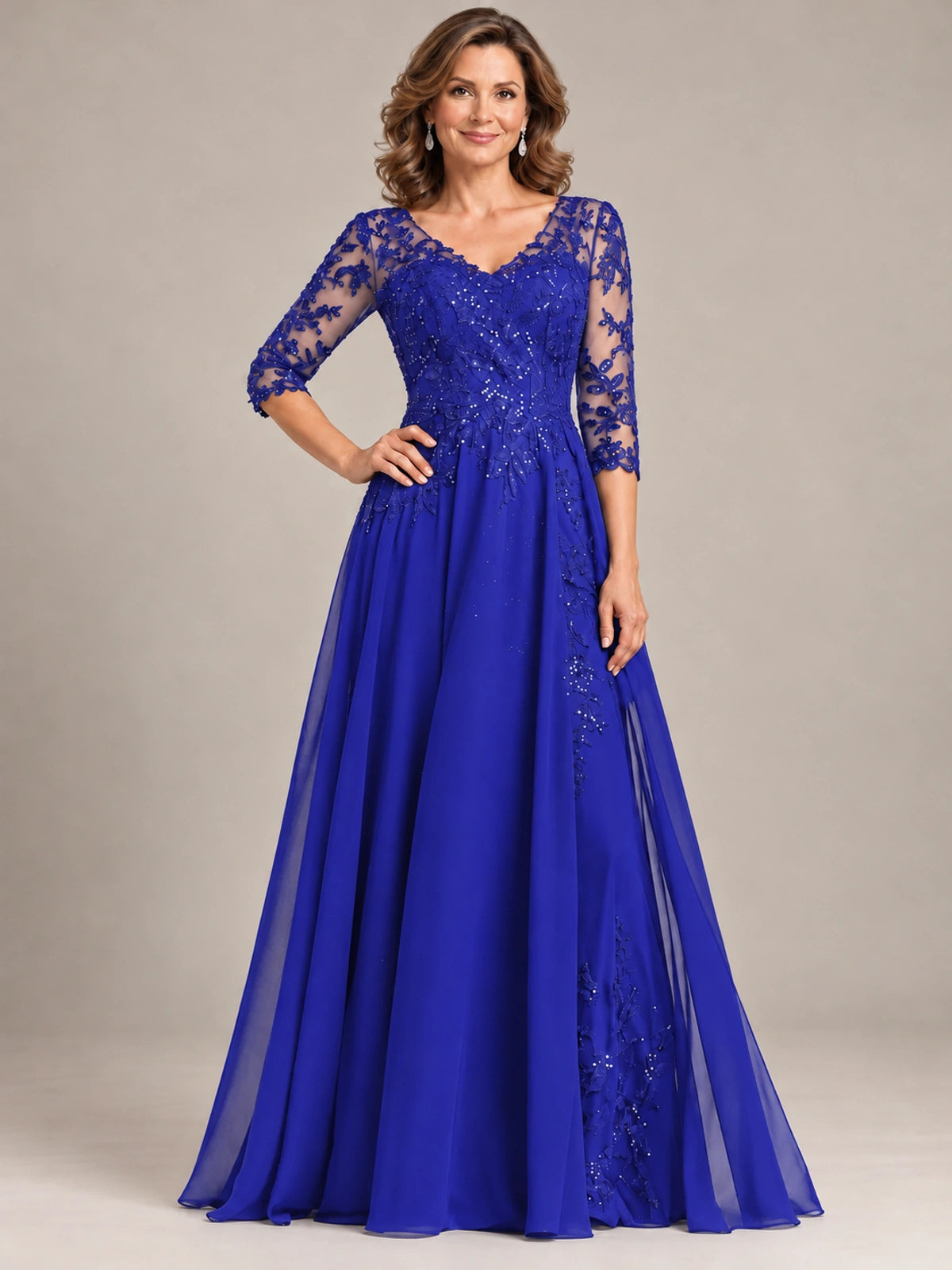 Sequin Lace A-Line Mother of the Bride Dress with 3/4 Sleeves