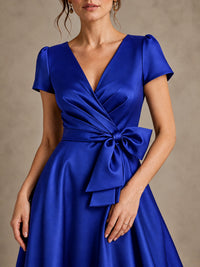 V-Neck Tea-Length Satin Mother of the Bride Dress with Bow
