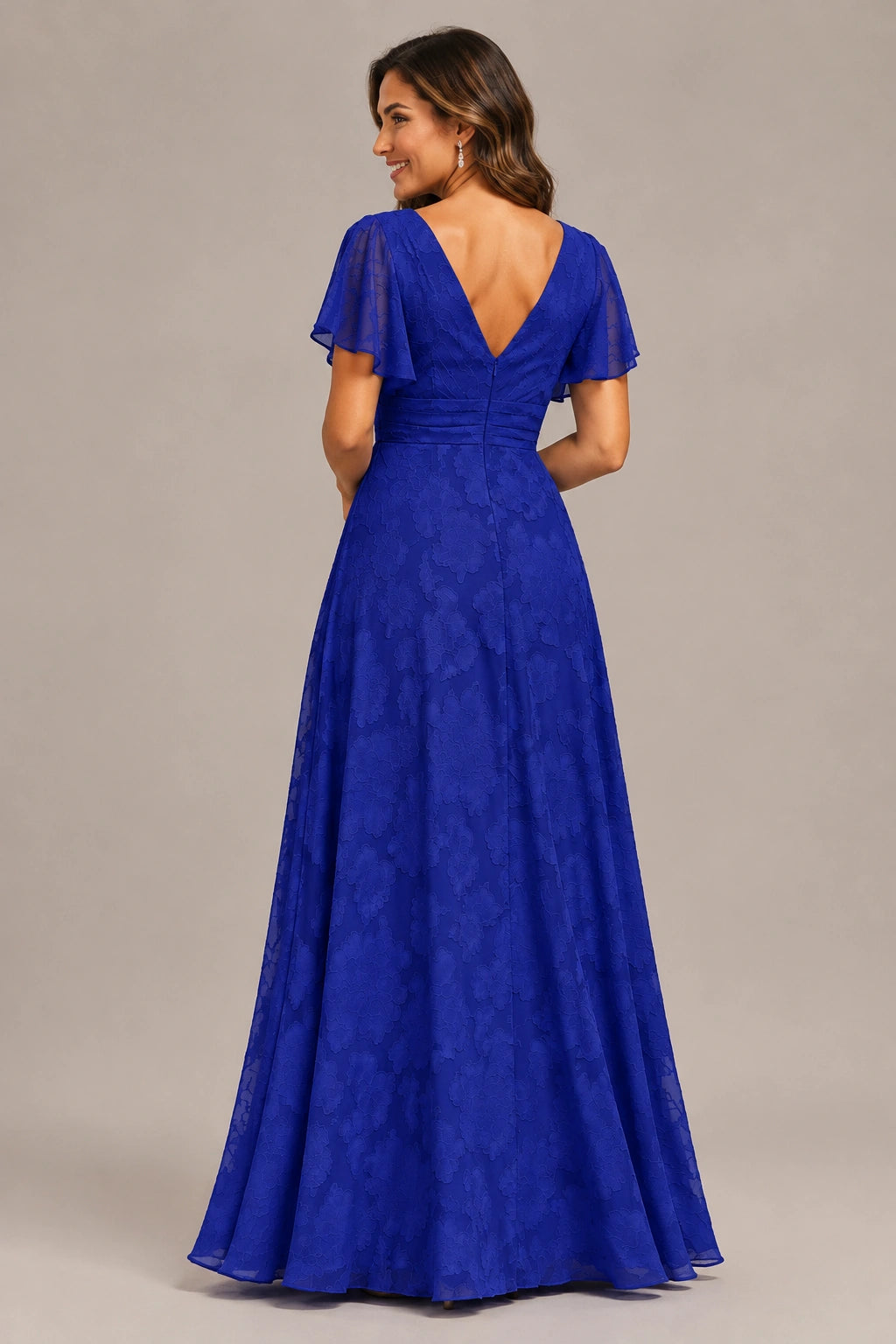 Jovellee Floral Chiffon A-Line Mother of the Bride Dress with Flutter Sleeves