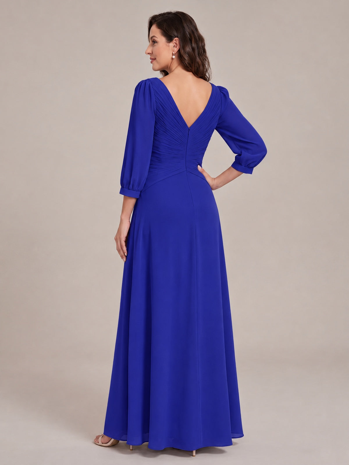 V-Neck Pleated Chiffon Mother of the Bride Dress with Flutter Sleeves