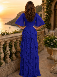 Elegant Chiffon Mother of the Bride Dress with Flutter Sleeves and Ruffle Skirt