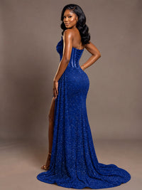 Luxury Strapless Sequin Corset Mermaid Prom Dress with High Slit & Train