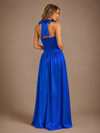 Pink V Neck Halter Satin Maxi Dress