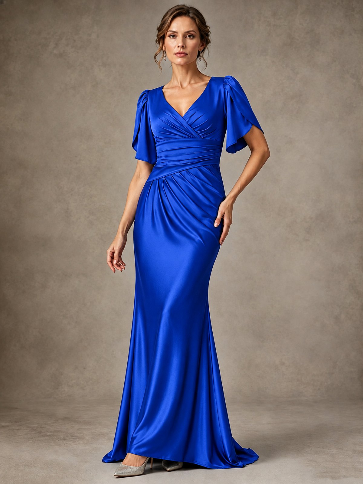 V-Neck Satin Mother of the Bride Dress with Flutter Sleeves