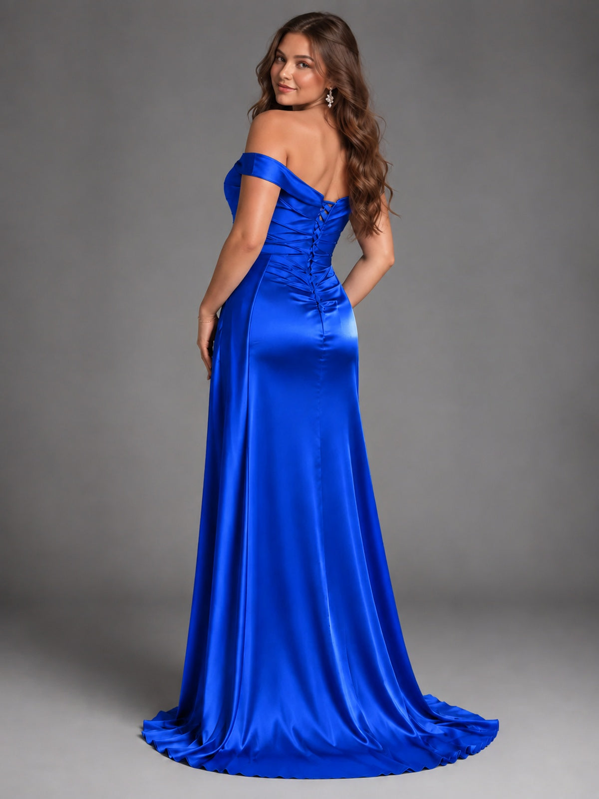 Off Shoulder Satin Maxi Dress with Slit