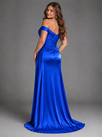 Off Shoulder Satin Maxi Dress with Slit